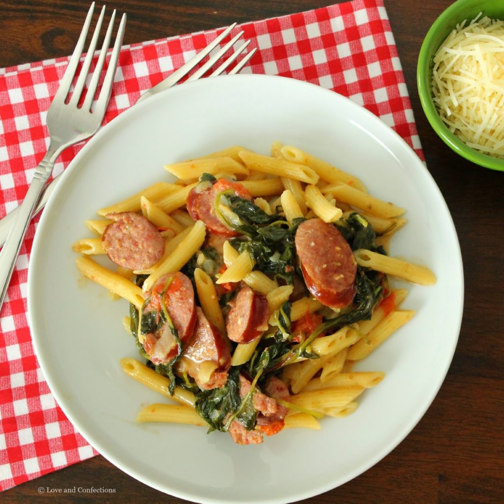 One-Pot Sausage, Spinach, Chard and Kale Pasta from LoveandConfections.com #HillshireSausage