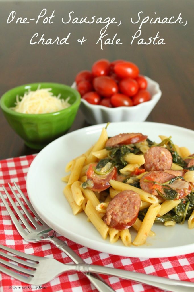 One-Pot Sausage, Spinach, Chard and Kale Pasta from LoveandConfections.com #HillshireSausage