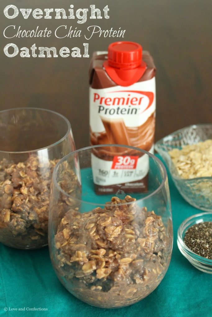 Overnight Chocolate Chia Protein Oatmeal from LoveandConfections.com #MyGoodEnergy #TeamPremier #ad