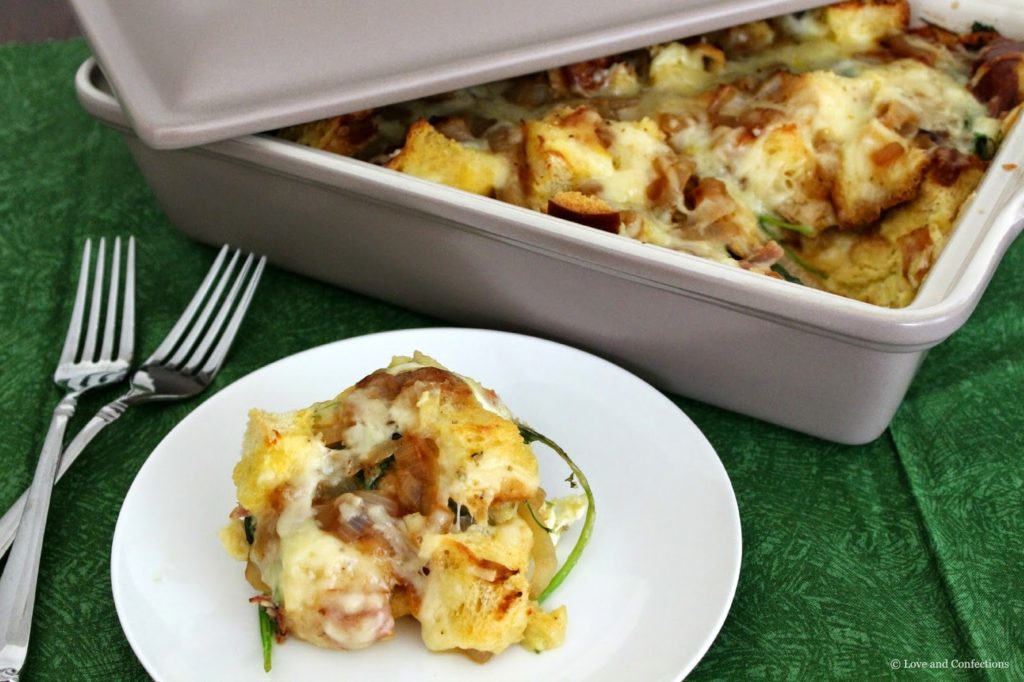 Caramelized Onion, Kale, Bacon and Cheddar Strata from LoveandConfections.com for #BrunchWeek