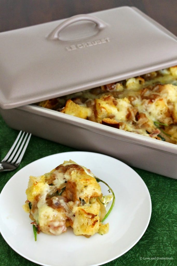 Caramelized Onion, Kale, Bacon and Cheddar Strata from LoveandConfections.com for #BrunchWeek