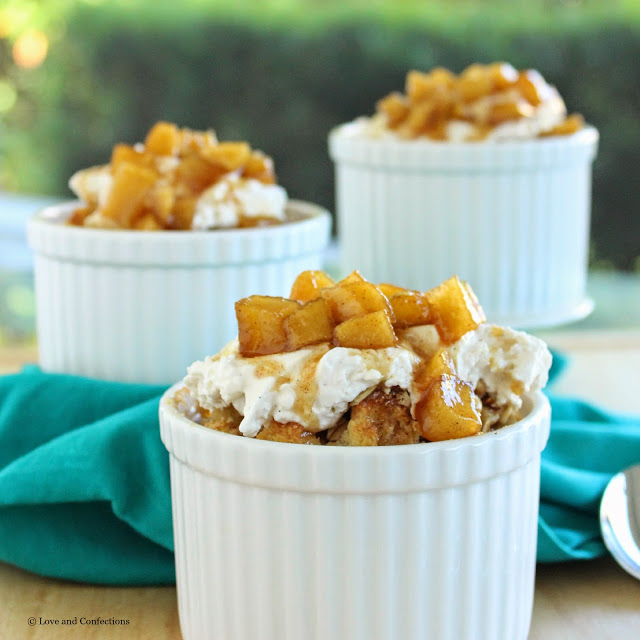 Individual Cinnamon Roll Bread Pudding with Pear Compote for #BrunchWeek from LoveandConfections.com