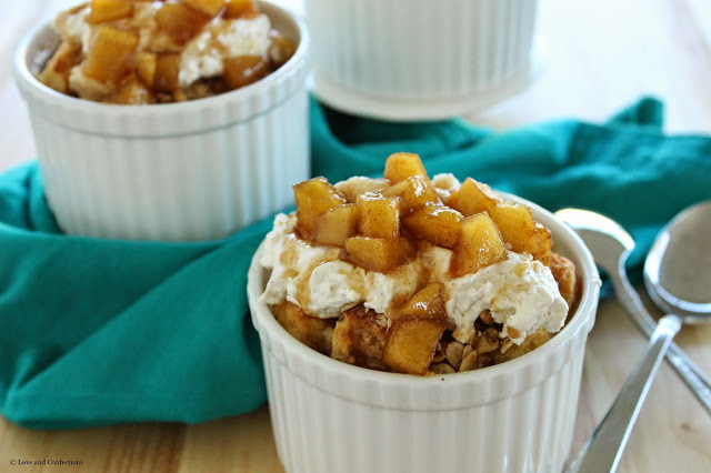Individual Cinnamon Roll Bread Pudding with Pear Compote for #BrunchWeek from LoveandConfections.com