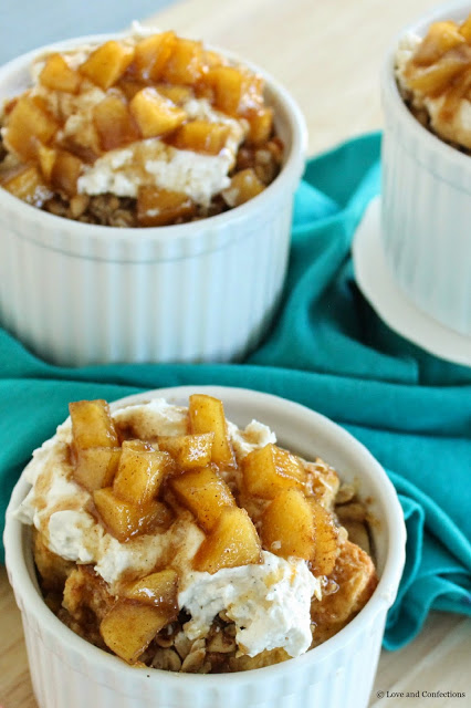 Individual Cinnamon Roll Bread Pudding with Pear Compote for #BrunchWeek from LoveandConfections.com