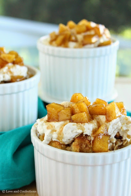 Individual Cinnamon Roll Bread Pudding with Pear Compote for #BrunchWeek from LoveandConfections.com