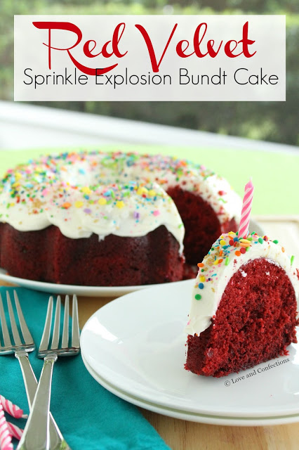 Red Velvet Sprinkle Explosion Bundt Cake #BundtBakers from LoveandConfections.com