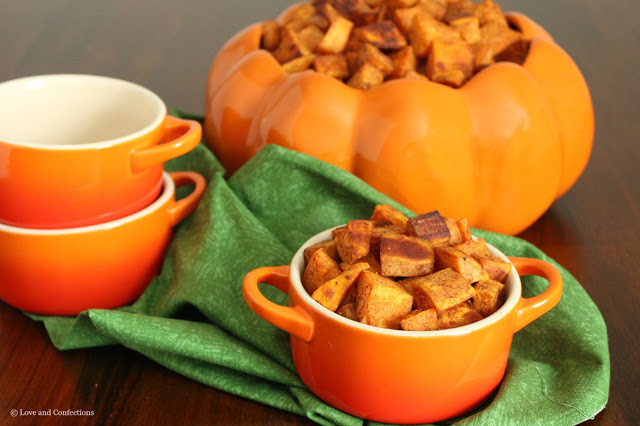 Pumpkin Spice Roasted Sweet Potatoes from LoveandConfections.com
