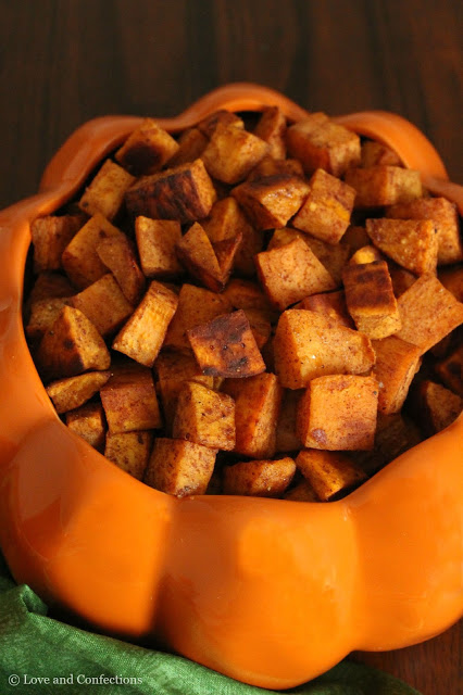 Pumpkin Spice Roasted Sweet Potatoes from LoveandConfections.com