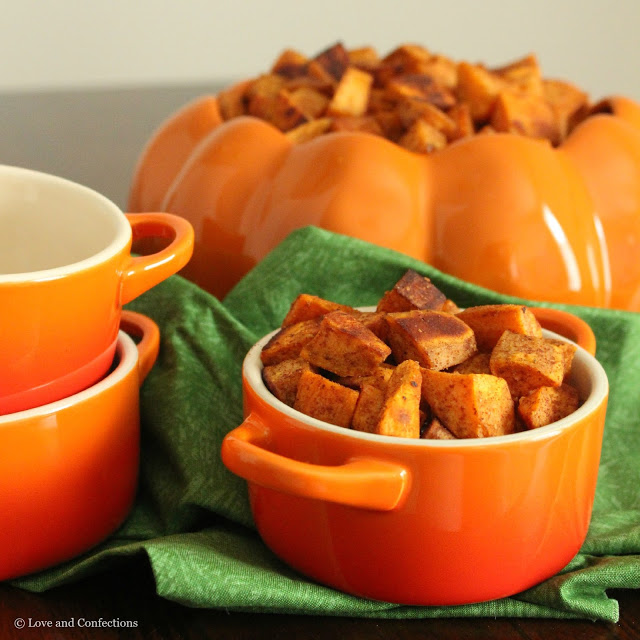 Pumpkin Spice Roasted Sweet Potatoes from LoveandConfections.com