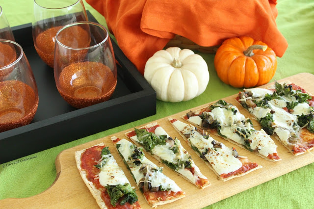 DIY Glitter Wine Glasses and Mushroom Kale Flatbread Pizzas from LoveandConfections.com #BeenBooed #HalloWINE 