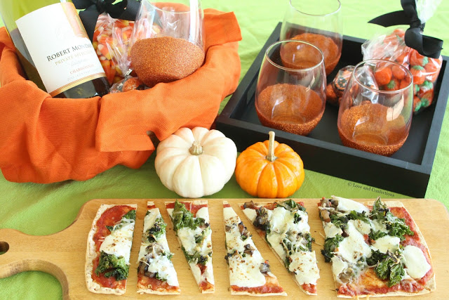 DIY Glitter Wine Glasses and Mushroom Kale Flatbread Pizzas from LoveandConfections.com #BeenBooed #HalloWINE 