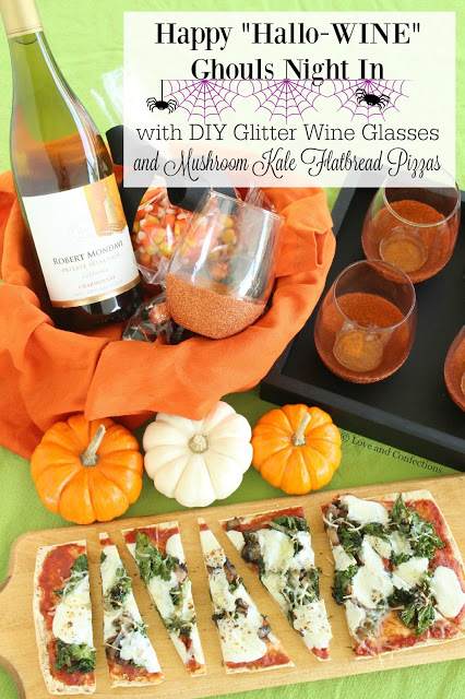 DIY Glitter Wine Glasses and Mushroom Kale Flatbread Pizzas from LoveandConfections.com #BeenBooed #HalloWINE 