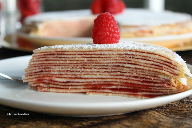 Cream Cheese and Raspberry Crepe Cake from LoveandConfections.com