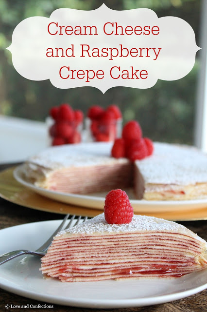 Cream Cheese and Raspberry Crepe Cake from LoveandConfections.com