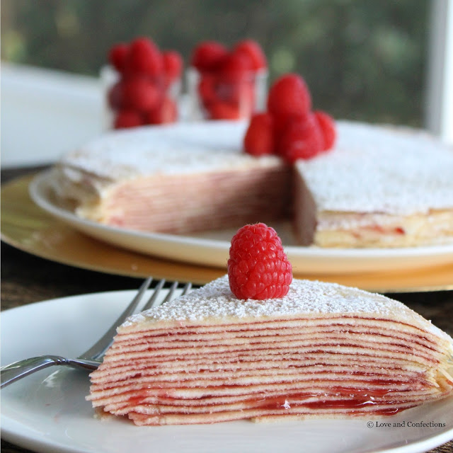 Cream Cheese and Raspberry Crepe Cake from LoveandConfections.com