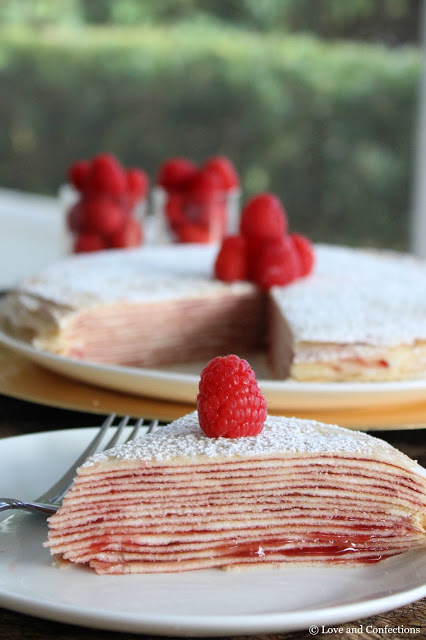Cream Cheese and Raspberry Crepe Cake from LoveandConfections.com