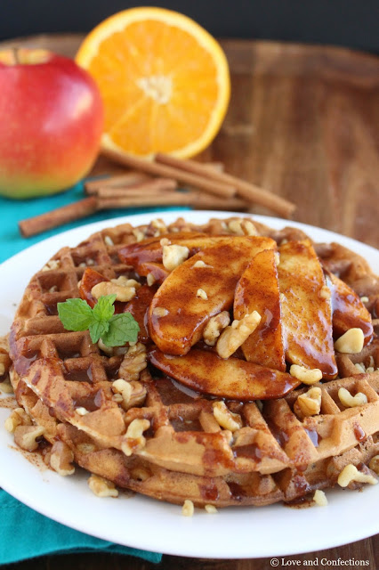 Oatmeal Walnut Waffles with Fried Apples by LoveandConfections.com #BrunchWeek