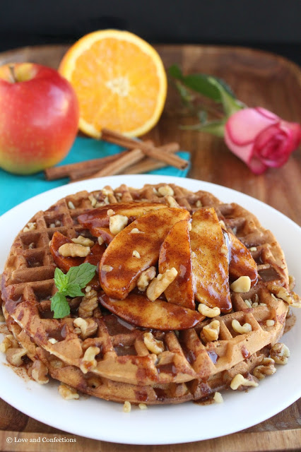 Oatmeal Walnut Waffles with Fried Apples by LoveandConfections.com #BrunchWeek