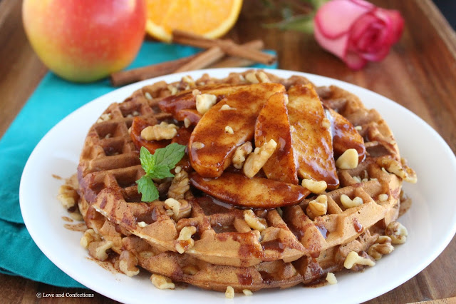 Oatmeal Walnut Waffles with Fried Apples by LoveandConfections.com #BrunchWeek