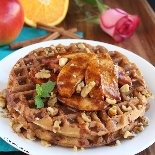 Oatmeal Walnut Waffles with Fried Apples by LoveandConfections.com #BrunchWeek