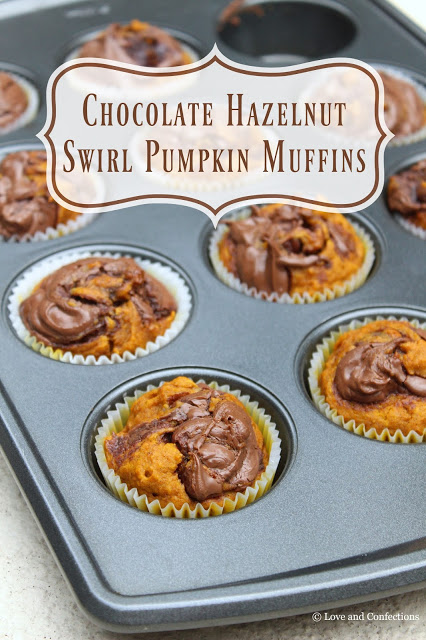 Chocolate Hazelnut Swirl Pumpkin Muffins from LoveandConfections.com #PumpkinWeek