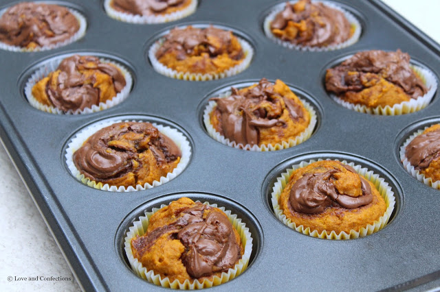 Chocolate Hazelnut Swirl Pumpkin Muffins from LoveandConfections.com #PumpkinWeek