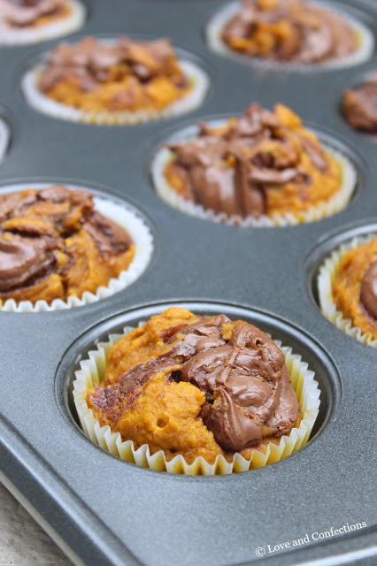 Chocolate Hazelnut Swirl Pumpkin Muffins from LoveandConfections.com #PumpkinWeek