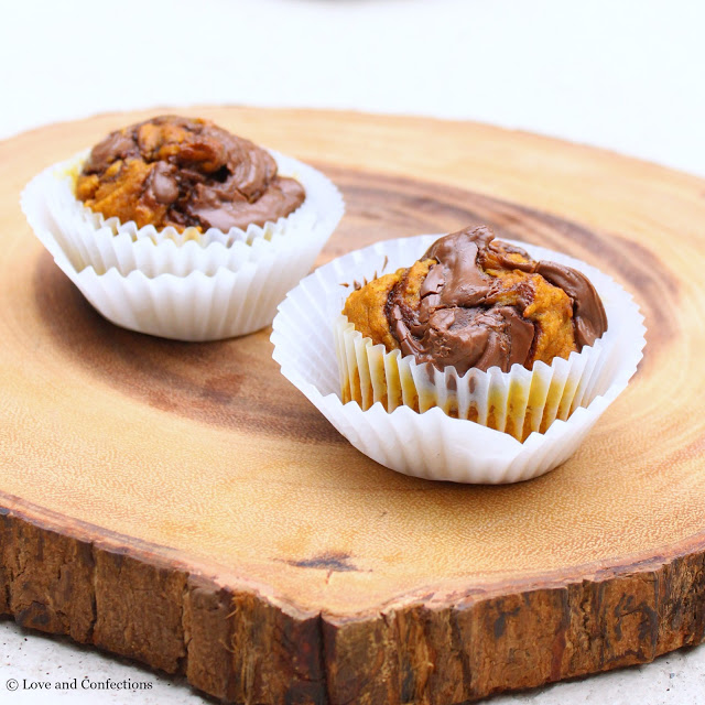 Chocolate Hazelnut Swirl Pumpkin Muffins from LoveandConfections.com #PumpkinWeek