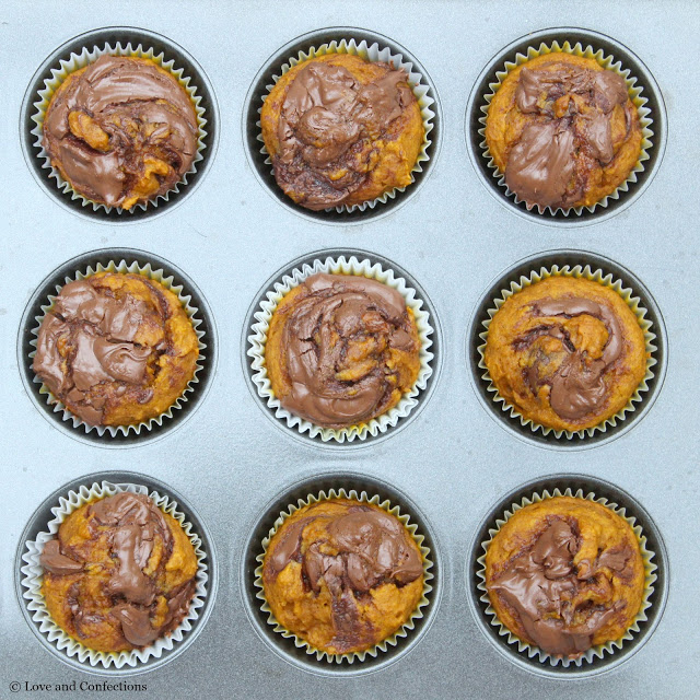 Chocolate Hazelnut Swirl Pumpkin Muffins from LoveandConfections.com #PumpkinWeek