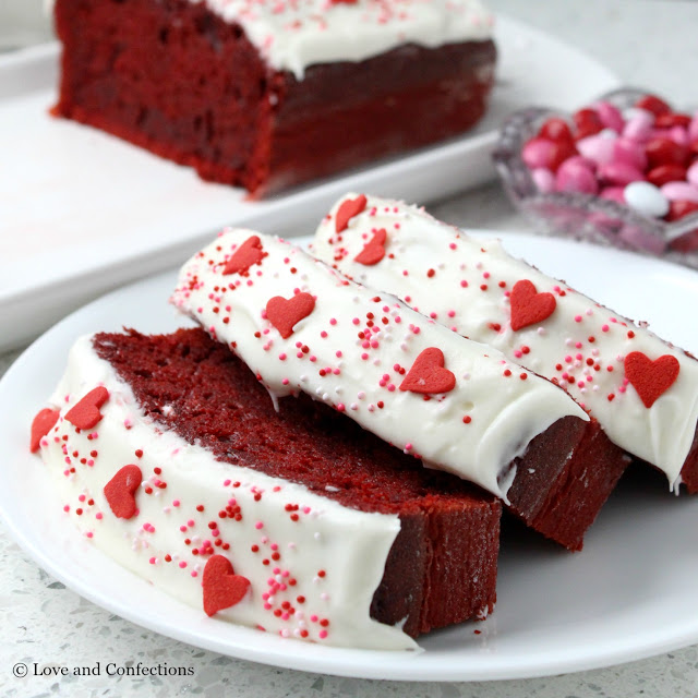 Red Velvet Pound Cake with Cream Cheese Frosting from LoveandConfections.com