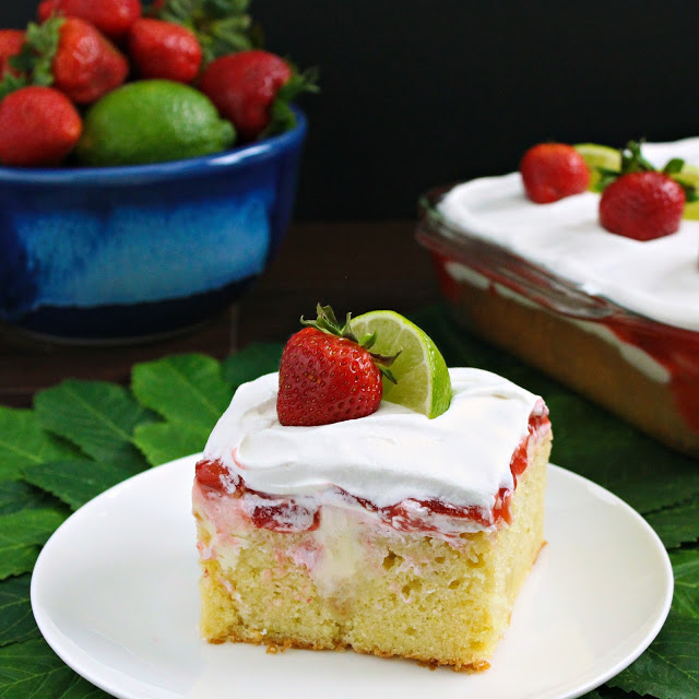 Key Lime Strawberry Poke Cake from LoveandConfections.com