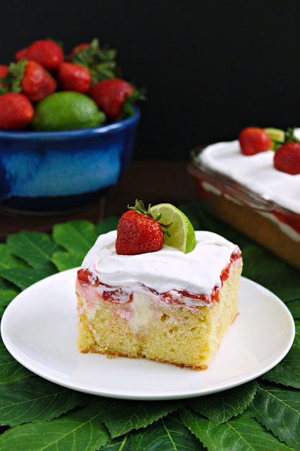 Key Lime Strawberry Poke Cake from LoveandConfections.com