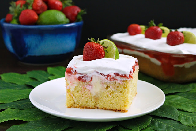 Key Lime Strawberry Poke Cake from LoveandConfections.com