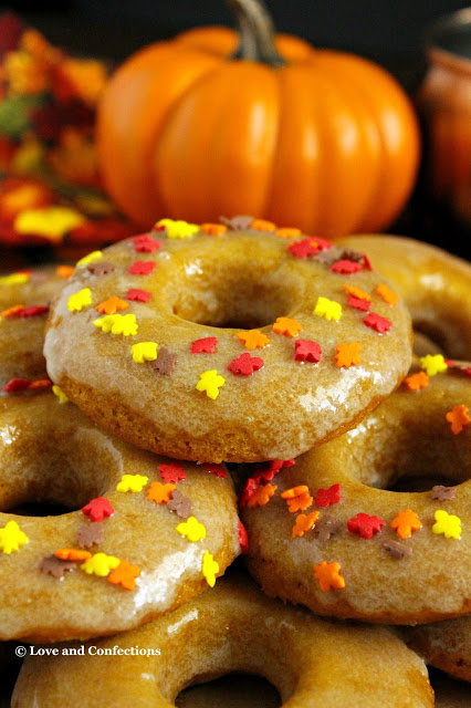 Maple Glazed Pumpkin Spice Doughnuts from LoveandConfections.com #PumpkinWeek