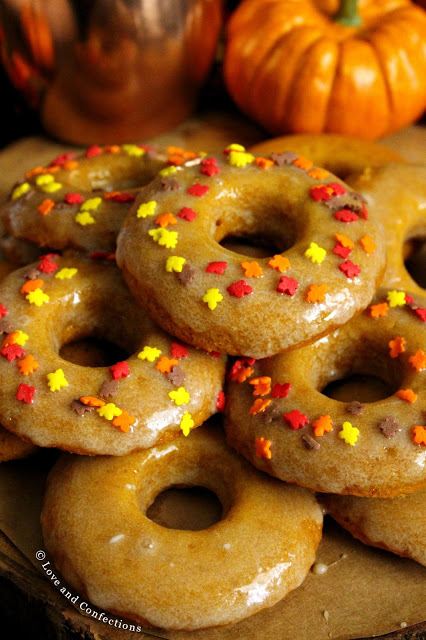 Maple Glazed Pumpkin Spice Doughnuts from LoveandConfections.com #PumpkinWeek