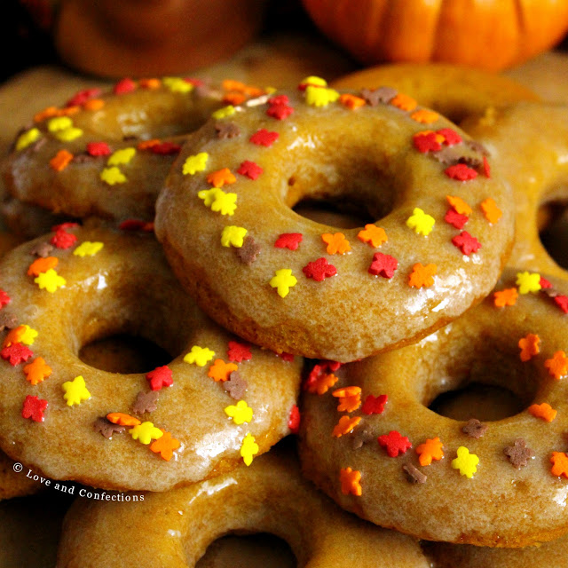 Maple Glazed Pumpkin Spice Doughnuts from LoveandConfections.com #PumpkinWeek