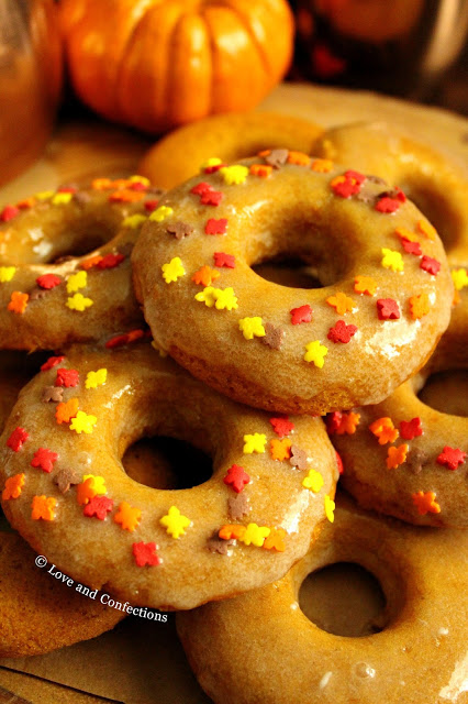 Maple Glazed Pumpkin Spice Doughnuts from LoveandConfections.com #PumpkinWeek