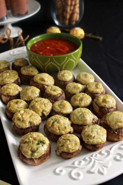 New Year's Eve Bites and Delights - Ricotta Stuffed Mushrooms, Puff Pastry Cheese Straws and Nutella Cheesecake Cookie Shooters from LoveandConfections.com