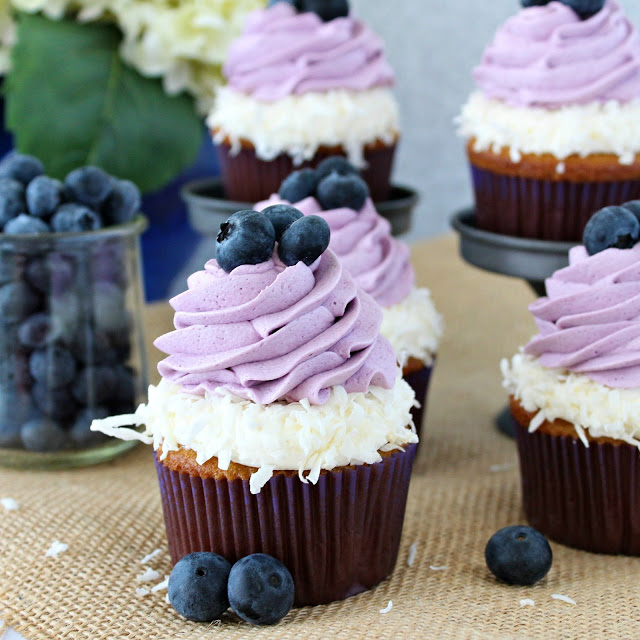 Coconut Cupcakes with Coconut and Blueberry Frosting from LoveandConfections.com #BrunchWeek