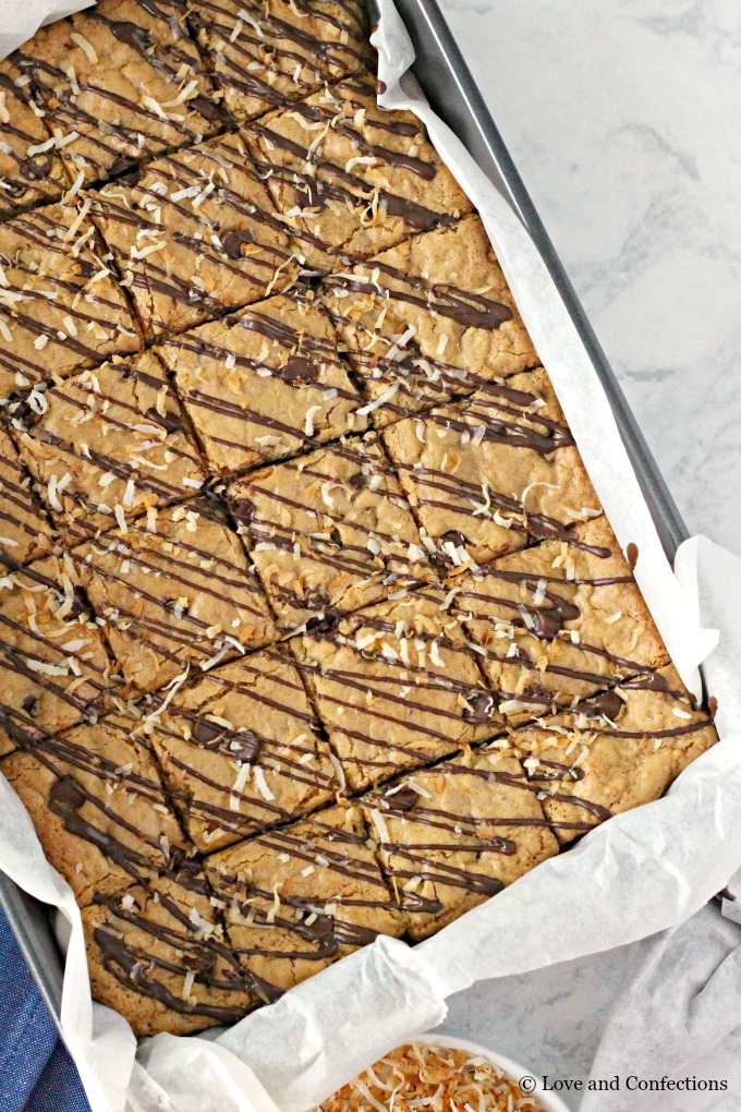 Chocolate Coconut Congo Squares with dark chocolate drizzle and toasted coconut