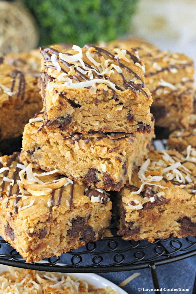 Chocolate Coconut Congo Squares with dark chocolate drizzle and toasted coconut