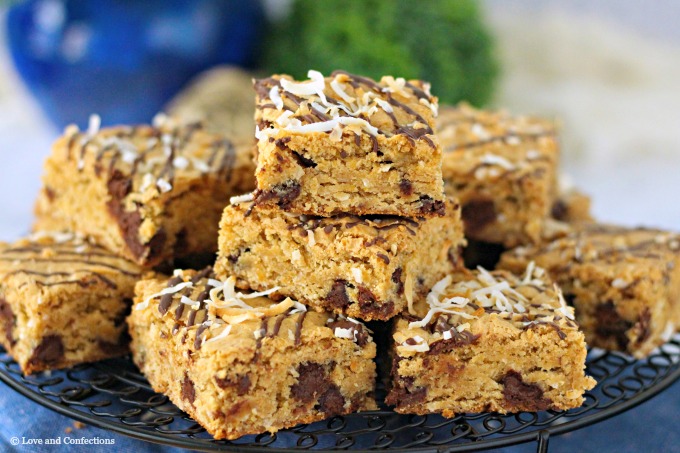 Chocolate Coconut Congo Squares with dark chocolate drizzle and toasted coconut