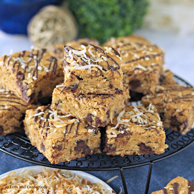 Chocolate Coconut Congo Squares with dark chocolate drizzle and toasted coconut