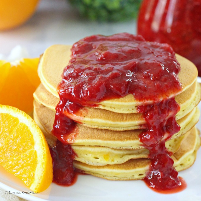 Orange Buttermilk Pancakes with Strawberry Sauce