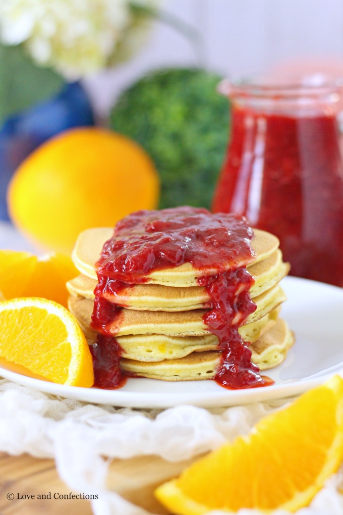 Orange Buttermilk Pancakes with Strawberry Sauce