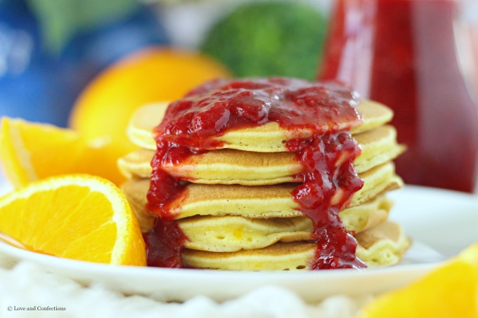 Orange Buttermilk Pancakes with Strawberry Sauce