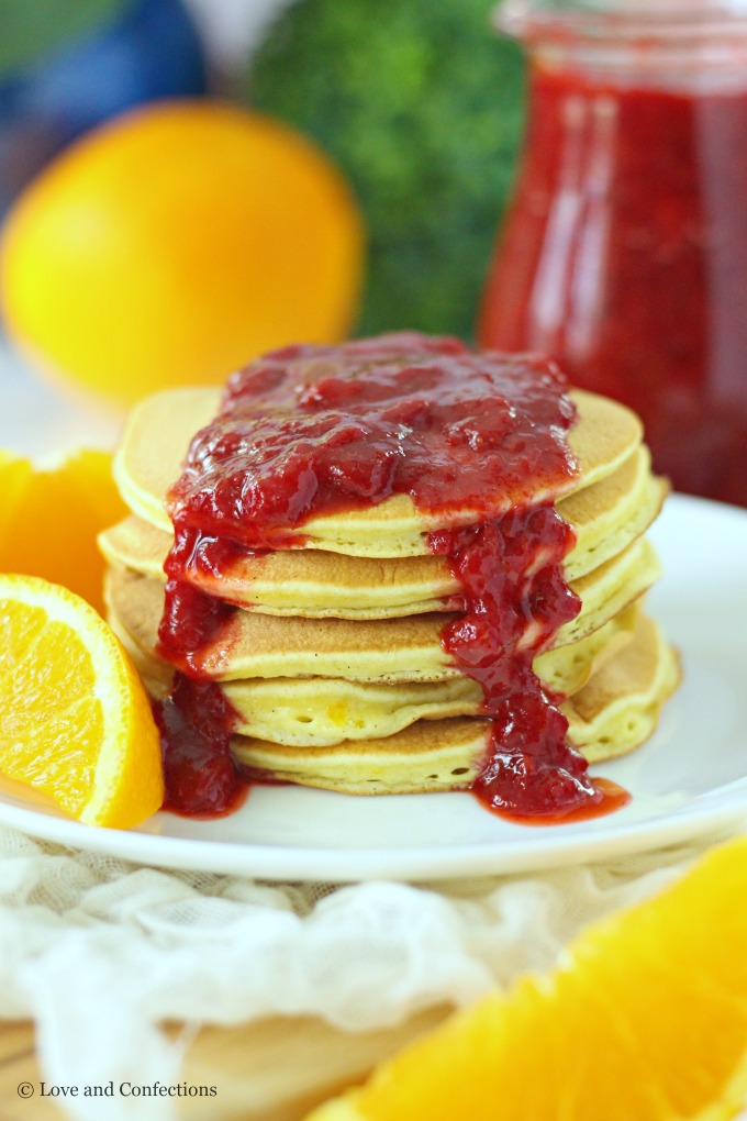 Orange Buttermilk Pancakes with Strawberry Sauce