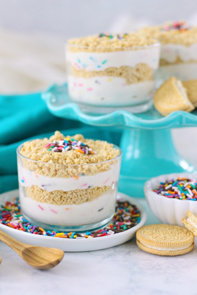 Funfetti Dirt Cups - layered homemade vanilla bean pudding, golden oreos, and colorful sprinkles