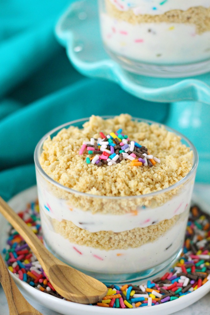 Funfetti Dirt Cups - layered homemade vanilla bean pudding, golden oreos, and colorful sprinkles