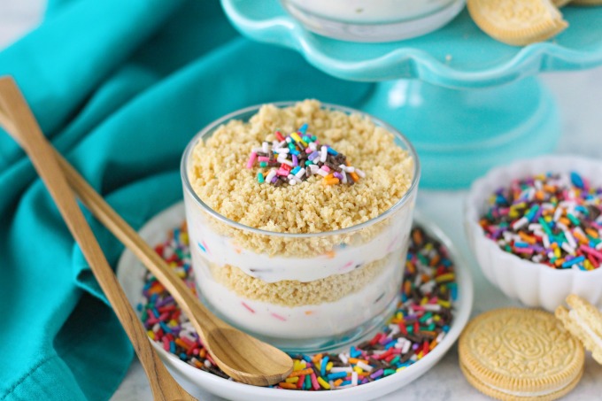 Funfetti Dirt Cups - layered homemade vanilla bean pudding, golden oreos, and colorful sprinkles